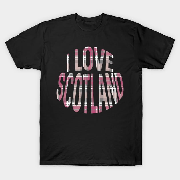 I LOVE SCOTLAND Pink, White and Grey Tartan Colour Typography Design T-Shirt by MacPean